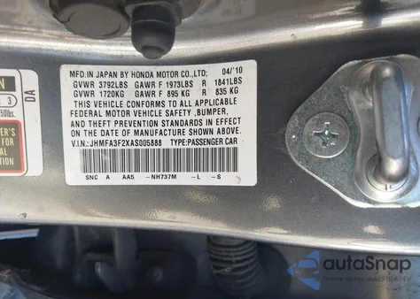 2010 Honda Civic Hybrid из США, поврежденный, VIN JHMFA3F2XAS005888